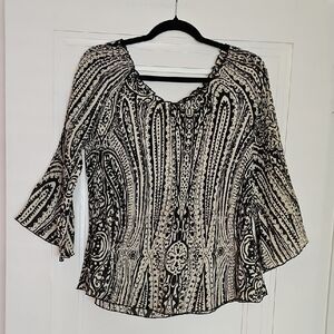 Jaipur Black and Tan Sheer Patterned Blouse, 1/2 Bell Sleeves, Stretchy, Sz Med.